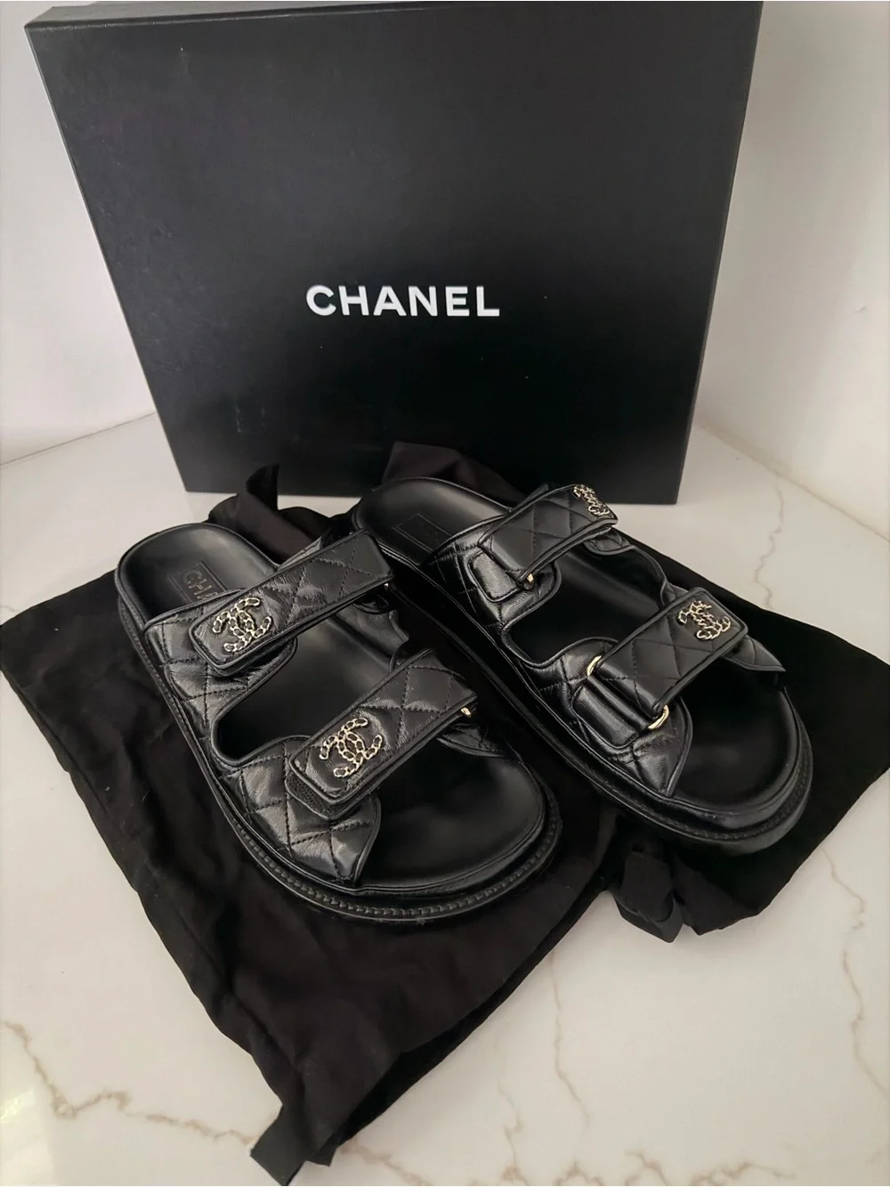 CHANEL Black Quilted Leather Double-Strap Slide Sandals